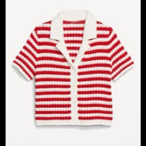 NWT Red and White Striped Crochet Button Up Sweater